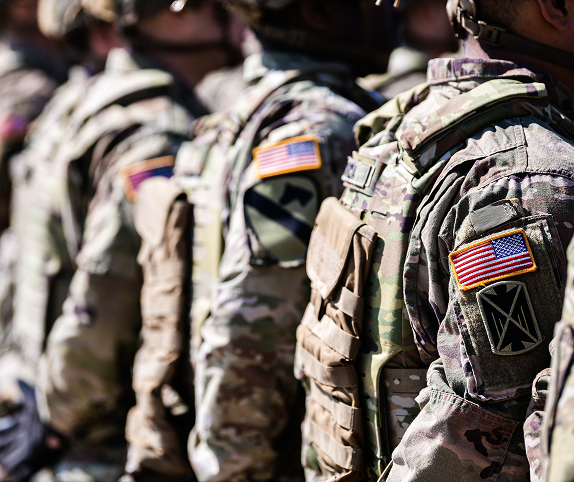 Military personnel, closeup of the american flag patch on a soldier's shoulder